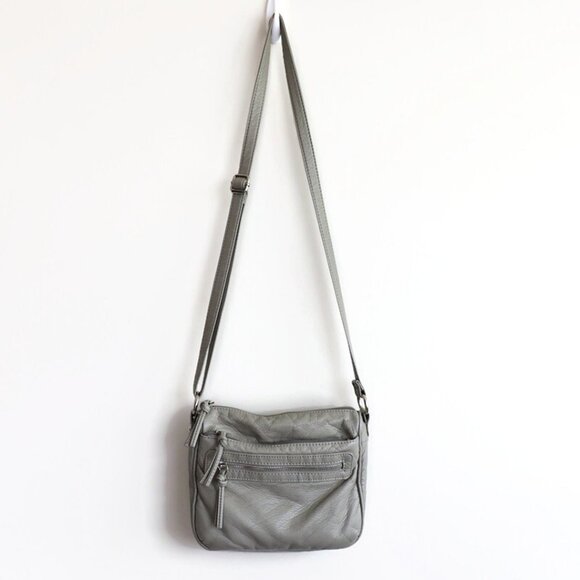 Faux Leather, Grey, Crossbody Bag, 9" x 8" - Picture 2 of 13